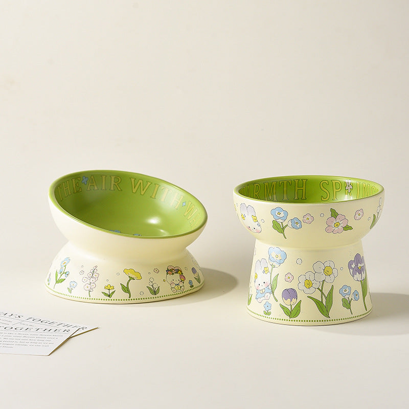 Green rabbit lace cat bowl anti-black chin cat canned food bowl ceramic dog food bowl cat anti-knock water wholesale