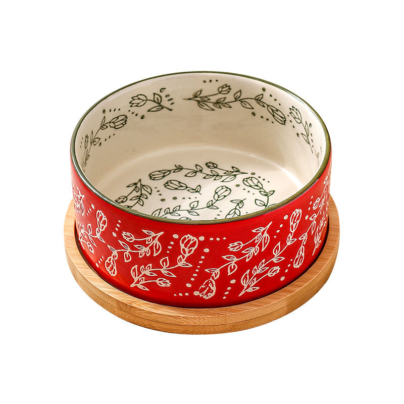 Ethnic Style Flower Straight Bowl with Bamboo and Wood Tray Ceramic Pet Bowl Cross-border Cat Bowl Dog Bowl Anti-knock Drinking Basin