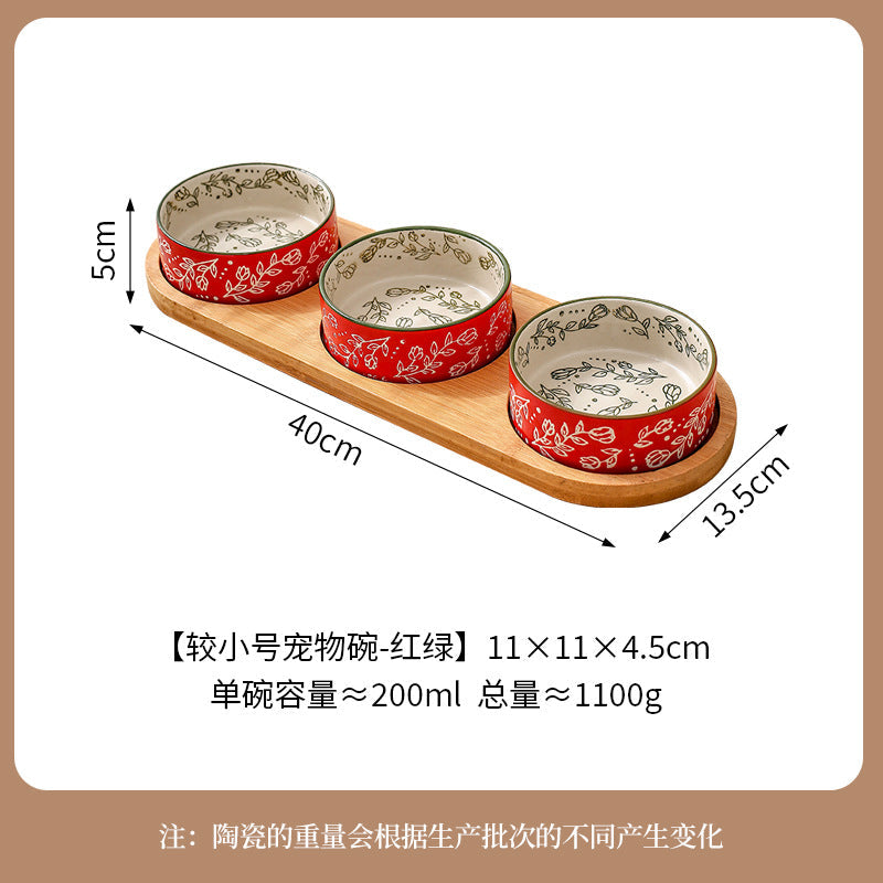 Ethnic Style Flower Straight Bowl with Bamboo and Wood Tray Ceramic Pet Bowl Cross-border Cat Bowl Dog Bowl Anti-knock Drinking Basin