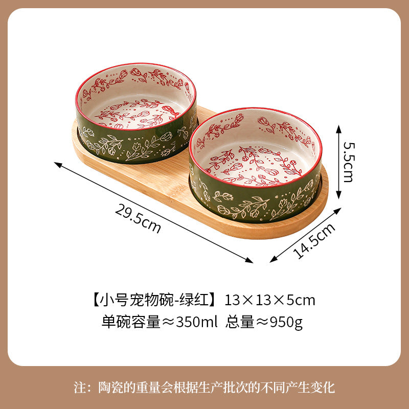 Ethnic Style Flower Straight Bowl with Bamboo and Wood Tray Ceramic Pet Bowl Cross-border Cat Bowl Dog Bowl Anti-knock Drinking Basin