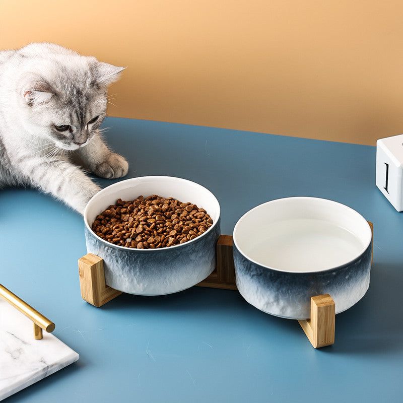 Stone pattern ceramic cat bowl double bowl dog bowl cat food bowl dog drinking cat food bowl pet food bowl integrated anti-knock