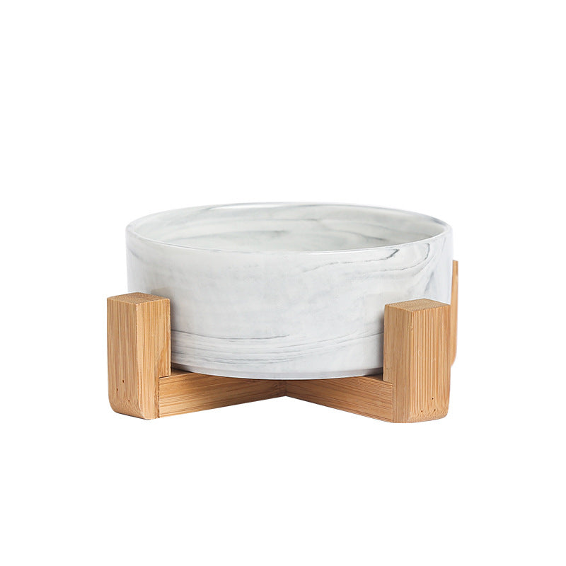 Pet Bowl Cat Bowl with Wooden Frame Ceramic Cat Neck Protection Bowl Drinking Bowl Marble Pattern Phnom Penh Double Bowl Pet Supplies